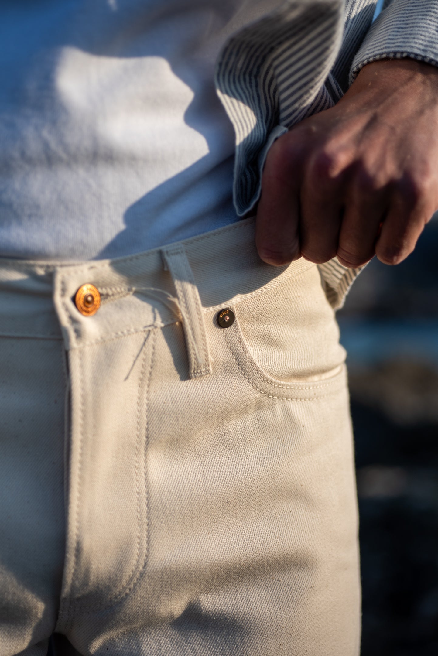 The SlimR - Slim Tapered - Ecru Denim.